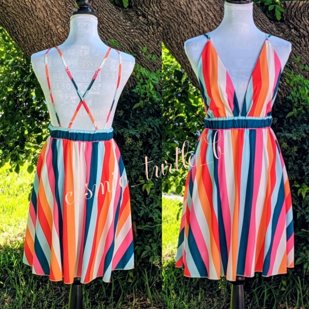 Last one!New Spring Time Striped Plunge Mini Dress - Picture 3 of 7